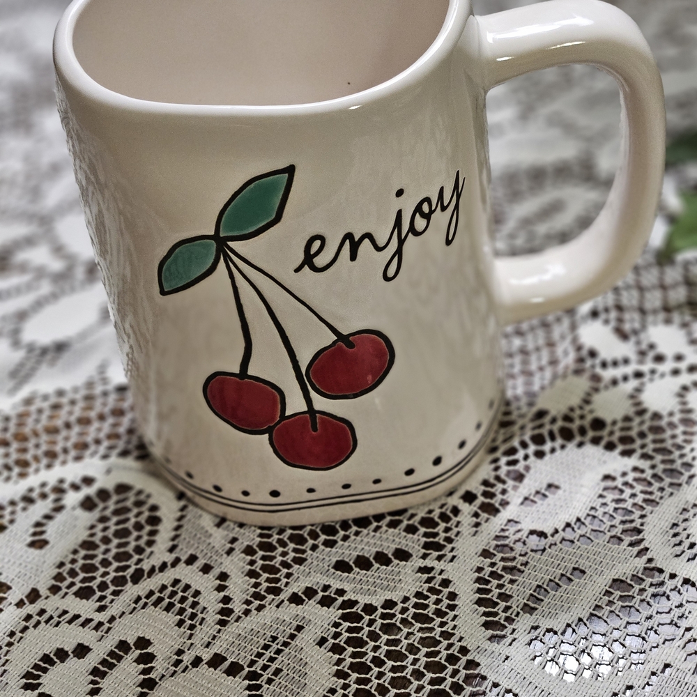 Rae Dunn Enjoy Mug with Red and Green Cherry Design